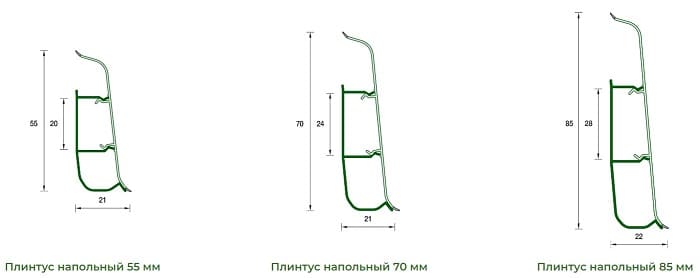 плинтус ПВХ Ideal Deconika высотой 55, 70 и 85 мм, основные параметры.